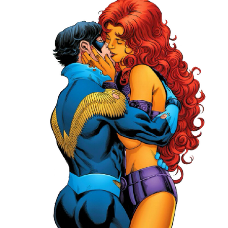 Dick Grayson aka Nightwing and Koriand'r aka Starfire kissing