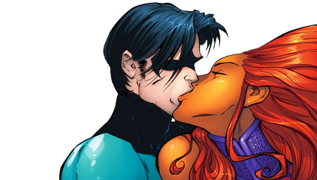 Dick Grayson aka Nightwing and Koriand'r aka Starfire kissing